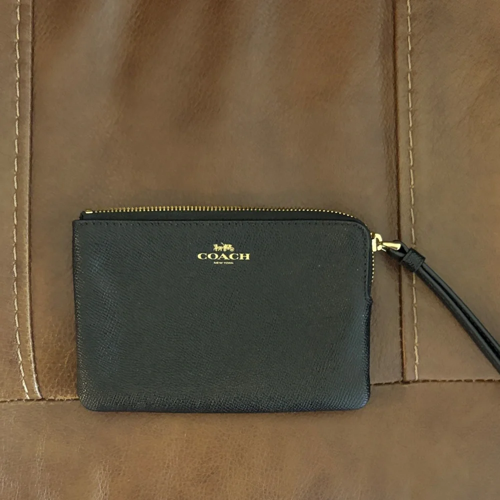 Coach Black Leather Wristlet with Gold‎ Details